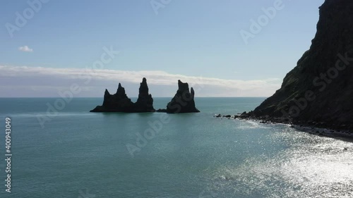 My MovieHigh definition drone aerial video flying over volcanic rock formations along  Atlantic Ocean Coastline near Vik, Iceland.