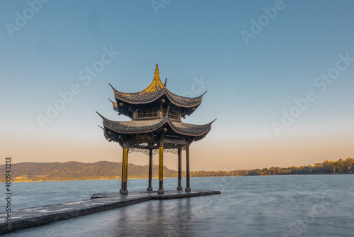 Sunrise view of Jixian pavilion  the landmark at the west lake in Hangzhou  China.