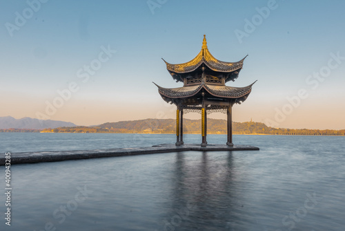 Sunrise view of Jixian pavilion  the landmark at the west lake in Hangzhou  China.