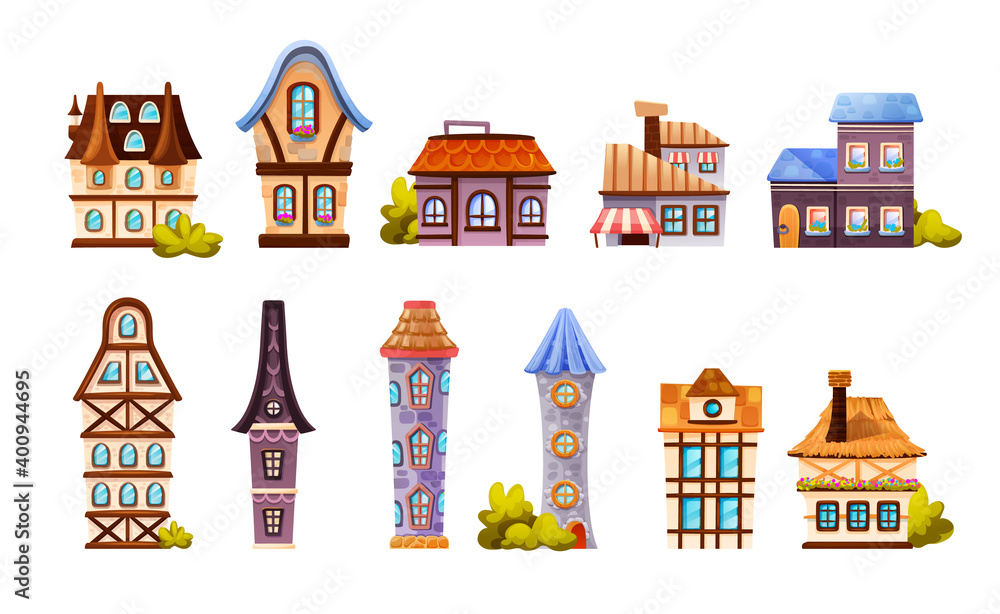 Medieval town house, ancient European buildings and towers, shops, taverns. Medieval town with old architectural brick facades buildings with brick wall, wooden doors cartoon