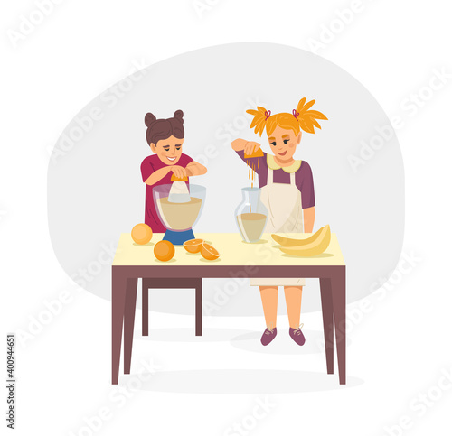 Сooking kids class. Cooks children. Kids cooking food, two girls squeeze fruit juice into decanters, making fresh fruit juice on masterclass cartoon vector