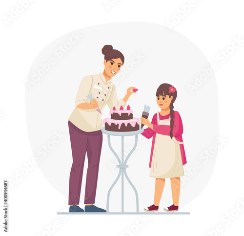 Сooking kids class. Cooks children. Kids cooking food, woman chef decorated cake together with small girl, conducts a masterclass cartoon vector