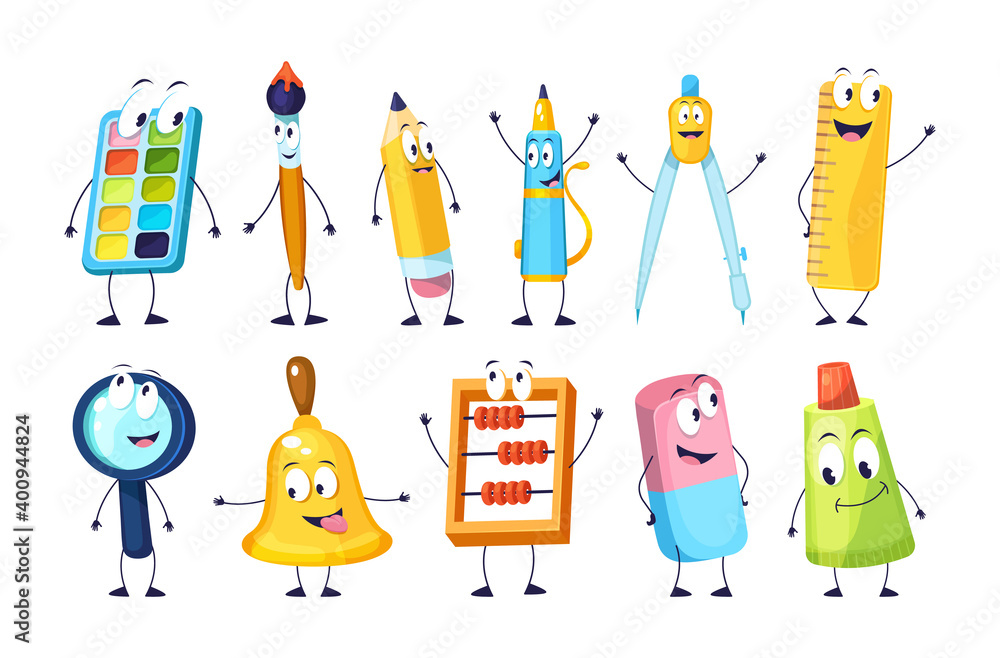 Fototapeta premium School funny office supplies characters. School stationery mascots with smile faces compass, book, marker, pen, backpack, eraser, globe, paints, calculator. Happy education supplies