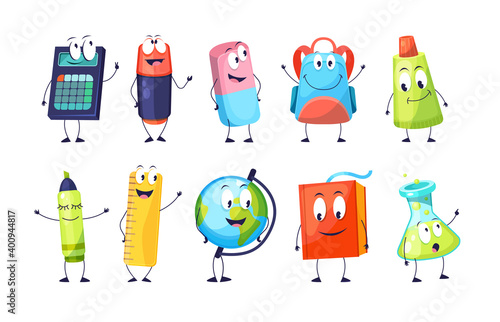 School funny office supplies characters. School stationery mascots with smile faces compass, book, marker, pen, backpack, eraser, globe, paints, calculator. Happy education supplies