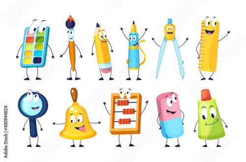 School funny office supplies characters. School stationery mascots with smile faces compass, book, marker, pen, backpack, eraser, globe, paints, calculator. Happy education supplies