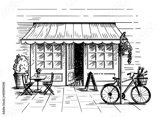 Vector sketch of a street cafe with table and chairs, flowers in pots, a pillar and a bicycle. The illustration is drawn by hand. For restaurant menu decoration food and tourism.