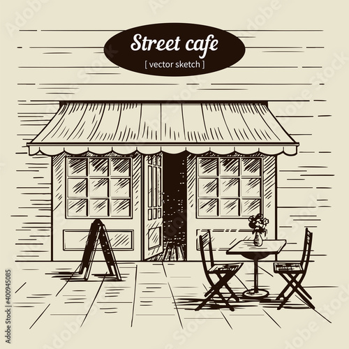 Vector sketch of a street cafe with table and chairs, flowers in pots. The illustration is drawn by hand. For restaurant menu decoration food and tourism.