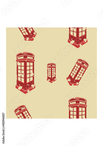 Editable Three-Quarter Oblique View Flat Grunge Style Typical Traditional English Telephone Booth Vector Illustration as Seamless Pattern for England Culture Tradition and History Related Background