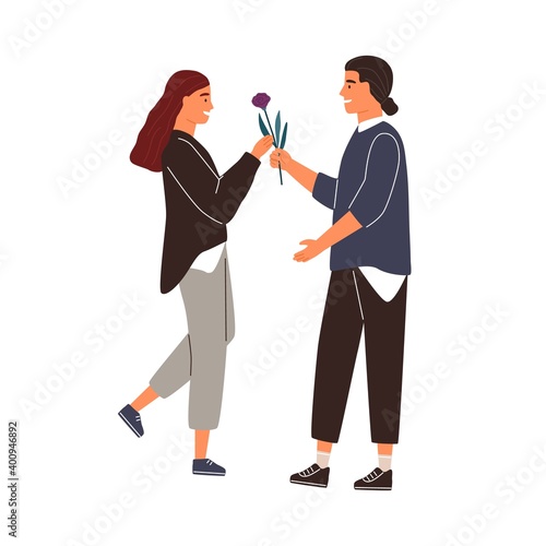 Smiling male adorer giving flower to cute girlfriend vector flat illustration...