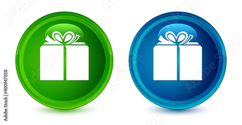 Gift box icon artistic shiny glossy blue and green round button set