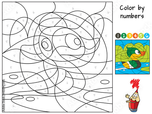 Duck swiming in the pond. Coloring book. Educational puzzle game for children. Cartoon vector illustration