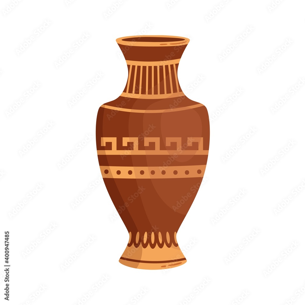 Antique greek vase with traditional hellenic ornaments vector flat cartoon illustration. Ancient grecian handmade amphora isolated on white background. Clay decorative jar, handmade pottery vessel
