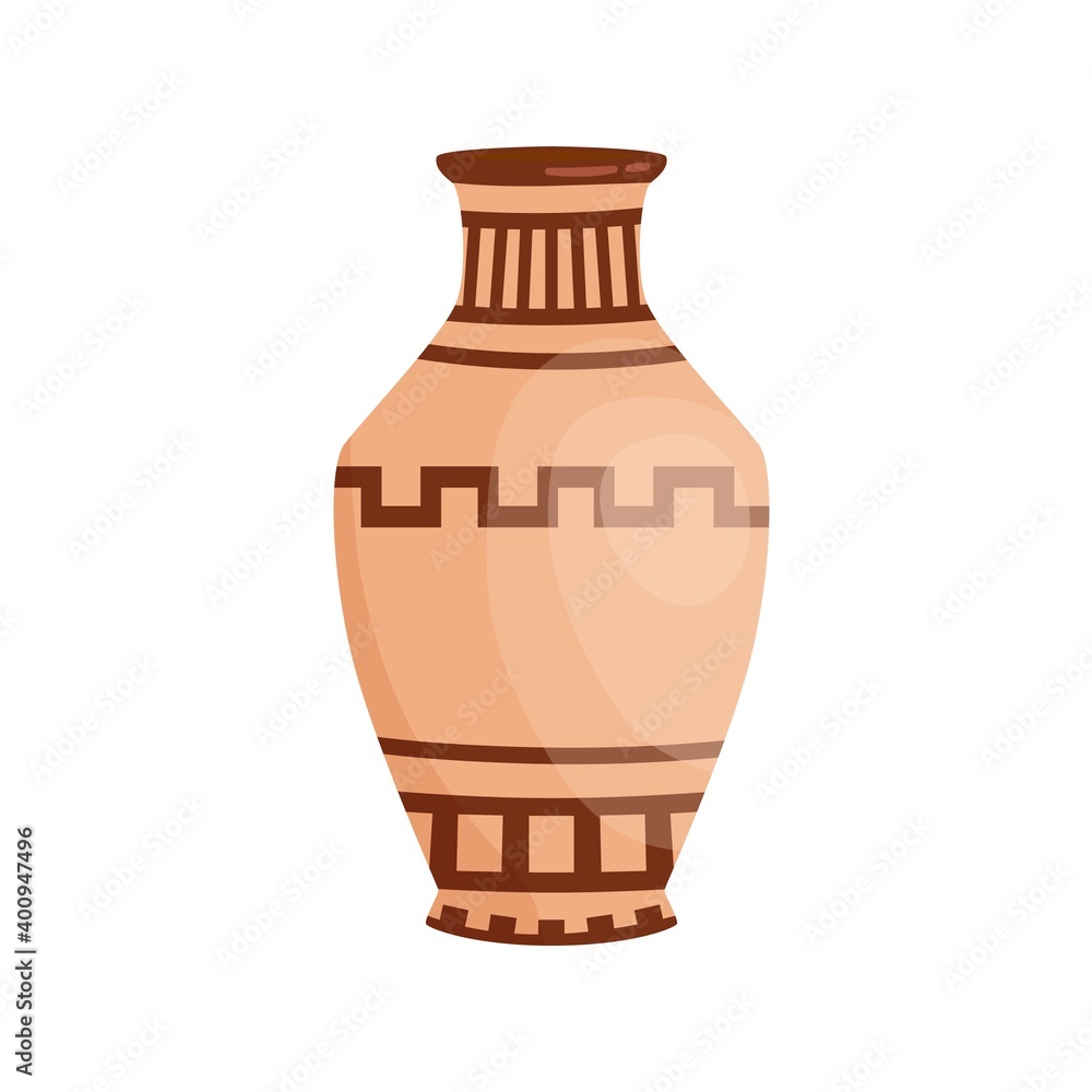 Traditional colorful greek vase decorated by hellenic ornaments vector flat illustration. Antique amphora, grecian handmade vessel isolated on white background. Decorative ceramic jug