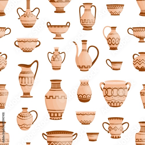 Handmade antique greek pottery seamless pattern. Ancient vases decorated by hellenic ornaments vector flat illustration. Background with traditional grecian clay amphoras and bowls