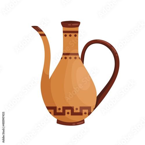 Ancient greek clay amphora with spout and handle vector flat illustration. An...