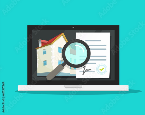 Real estate architecture review, construction assessment agreement audit digital online on laptop computer pc review vector, home inspection document, house building examine, quality of property