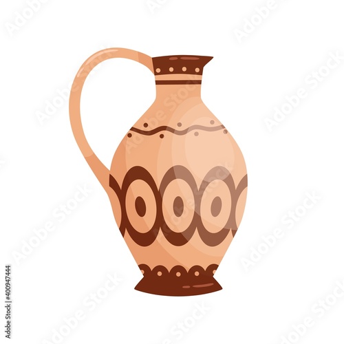 Traditional antique greek jug with handle vector flat illustration. Colorful clay vase, crockery or drinkware decorated by hellenic ornaments isolated on white. Ceramic decorative grecian amphora