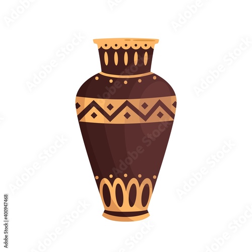Traditional antique greek vase decorated by hellenic ornaments vector flat illustration. Ancient pottery vessel or jug isolated on white background. Clay amphora, decorative clay drinkware