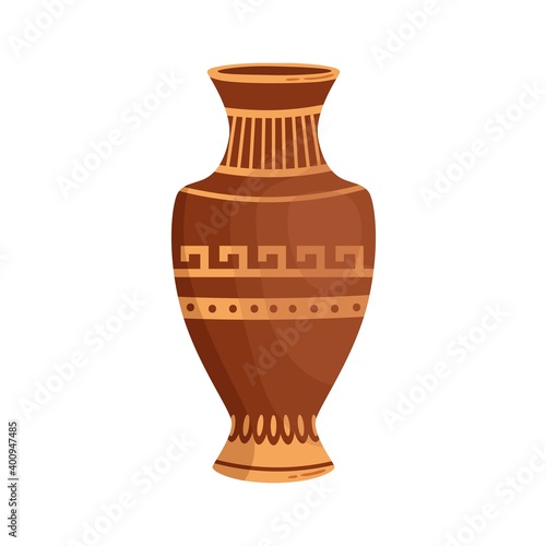 Antique greek vase with traditional hellenic ornaments vector flat cartoon illustration. Ancient grecian handmade amphora isolated on white background. Clay decorative jar, handmade pottery vessel