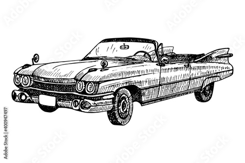 Hand drawn vintage retro old timer cabriolet, doodle sketch graphics monochrome vector tracing illustration on white background