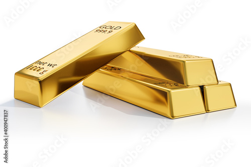 Gold bars or Gold ingot isolate with clipping path on white background 3D rendering