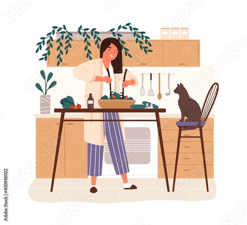 Happy woman cooking dietary vegetarian salad in kitchen vector flat illustration. Smiling female character mixing vegetables in bowl isolated on white background. Preparing healthy lunch at home
