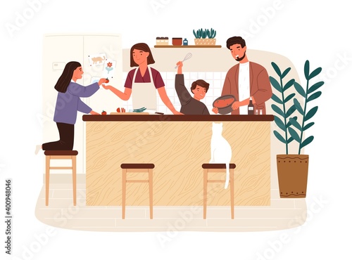 Happy family cooking dinner together in modern kitchen vector flat illustration. Parents and kids preparing lunch isolated on white. Mother, father, daughter and son spending time at home