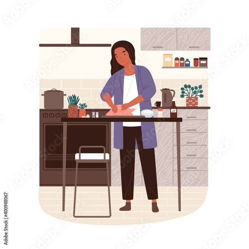 Happy woman cooking turkey in modern kitchen vector flat illustration. Smiling housewife preparing chicken with spices for lunch or dinner isolated. Cute scene with female enjoying culinary