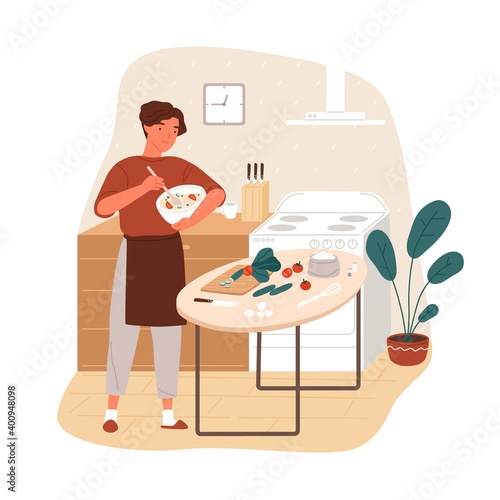 Smiling guy in apron cooking vegetable salad at home kitchen vector flat illustration. Happy man preparing healthy vegetarian meal for lunch, mixing ingredients in bowl isolated on white background