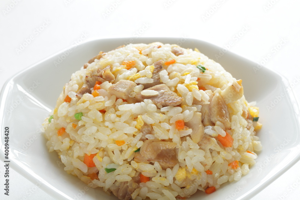 homemade chicken fried rice on chinese plate homemade chicken fried rice on chinese plate