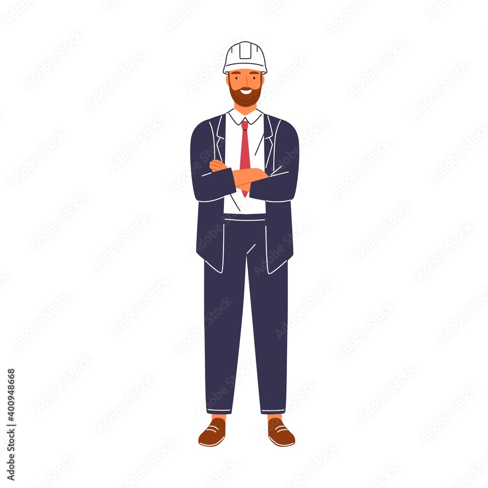 Smiling construction foreman in suit and hard hat vector flat illustration. Portrait of happy male architect or engineer isolated on white background. Friendly building executive or manager Smiling construction foreman in suit and hard hat vector flat illustration. Portrait of happy male architect or engineer isolated on white background. Friendly building executive or manager
