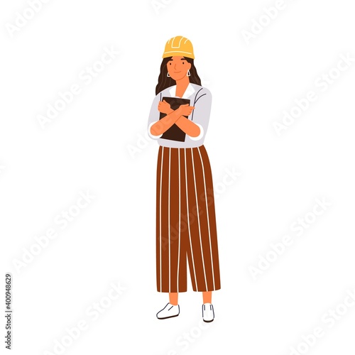 Smiling woman building engineer or architect designer vector flat illustration. Happy female in hard hat holding tablet vector flat illustration. Friendly construction industry worker