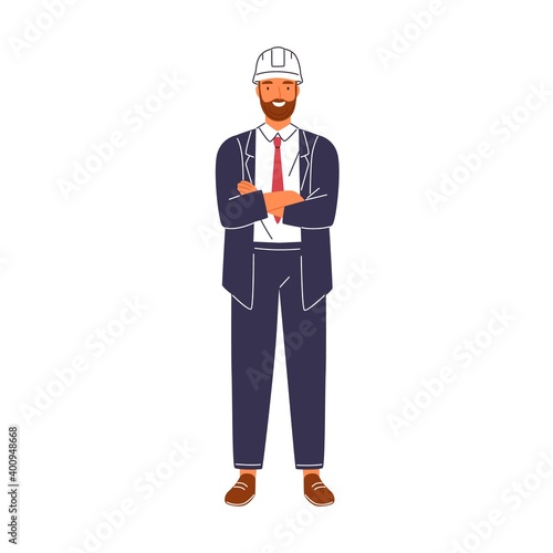 Smiling construction foreman in suit and hard hat vector flat illustration. P...