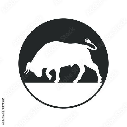 Bull graphic icon. Bullock sign in the circle isolated on white background. Ox symbol. Vector illustration