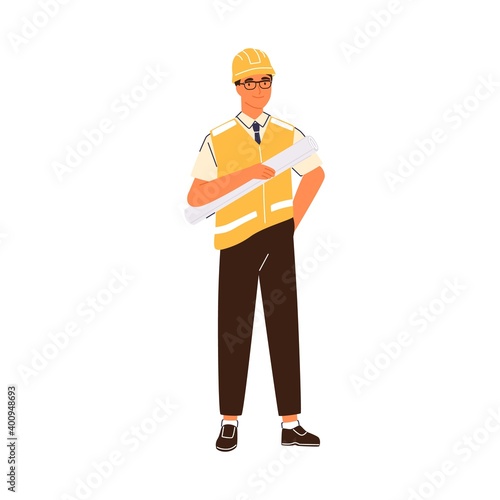 Smiling male construction engineer vector flat illustration. Happy industrial worker in uniform and hard hat holding building plan isolated. Friendly foreman or architect with architectural project