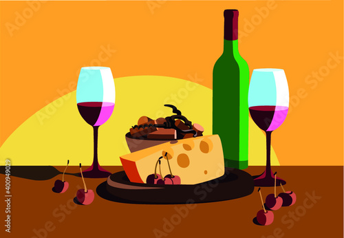 Tasting of delicious French Red Wine with traditional Italian cheese, full wine glasses, bottle of wine, Cork and corkscrew and sweet cherries in autumn colors.
