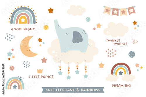 Collection of design elements for baby, kids, and children with cute elephant, rainbows, moon, and stars. Cartoon style vector illustrations for little boy. Isolated on white background.