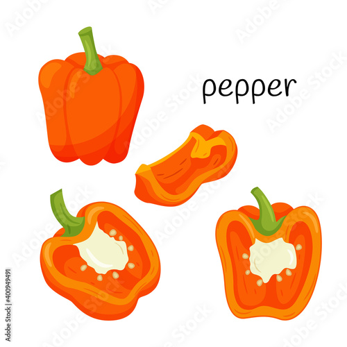 Fresh orange pepper. Whole, half in cross-section and a quarter slice. Ingredient, an element for the design of food packaging, recipes, and menus. Isolated on white vector illustration in flat style.