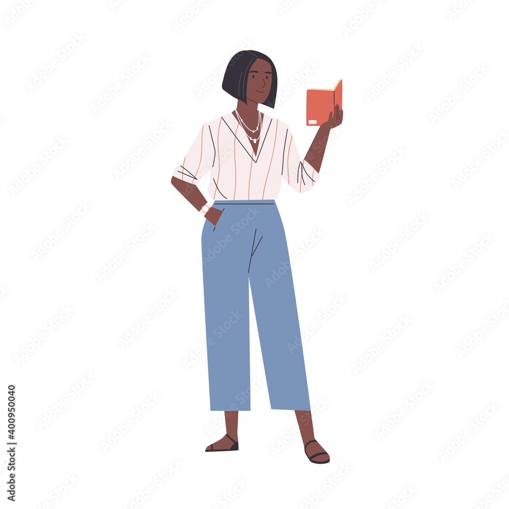 Happy modern young african woman reading book standing isolated on white background. Smiling female reader enjoying literature or preparing for exam. Colorful flat vector illustration Happy modern young african woman reading book standing isolated on white background. Smiling female reader enjoying literature or preparing for exam. Colorful flat vector illustration