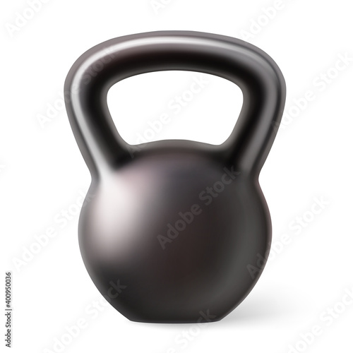 3D realistic vector illustration. Black kettlebell isolated on white background. Tool for sports, fitness equipment.