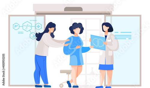 Girl holds a scheme of the lungs. Scientist explains to students the structure of the human respiratory system. People communicate and spend time together. Women look and point to a drawing