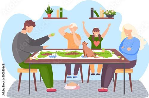 People spending evening time together. Kids joyfully raise hands. Cat is sitting on the table. Happy family is playing board game. Guy with green chips in his hands. Girl looks at her husband angrily