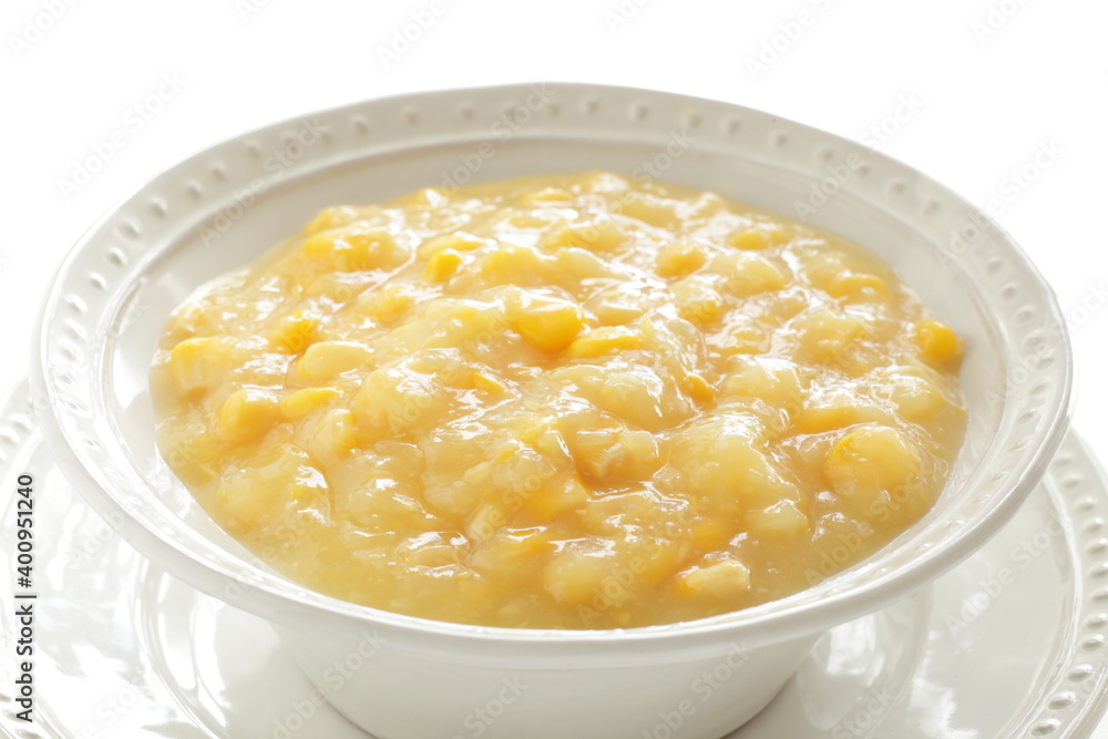Prepared cream corn in bowl for cooking ingredient Prepared cream corn in bowl for cooking ingredient