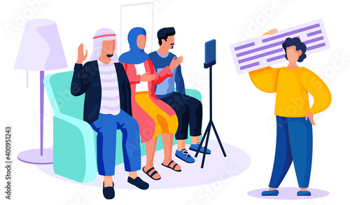 People of arab nationality give interviews on camera. Man with sign with text in hands is recording a video massage from this people. Men and woman are broadcasting online with using a phone