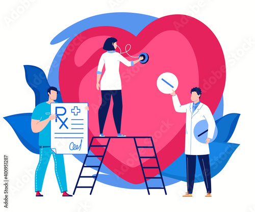 The concept of medical examination. Doctors examine the heart and recommend treatment, rehabilitation, or disease prevention.