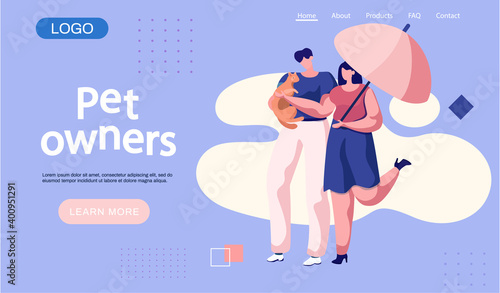 Couple pet owners holding ginger cat on hands landing page template. Happy people walking with kitten. Man and woman are having leisure spend time with domestic animal cute kitty, stroking him gently
