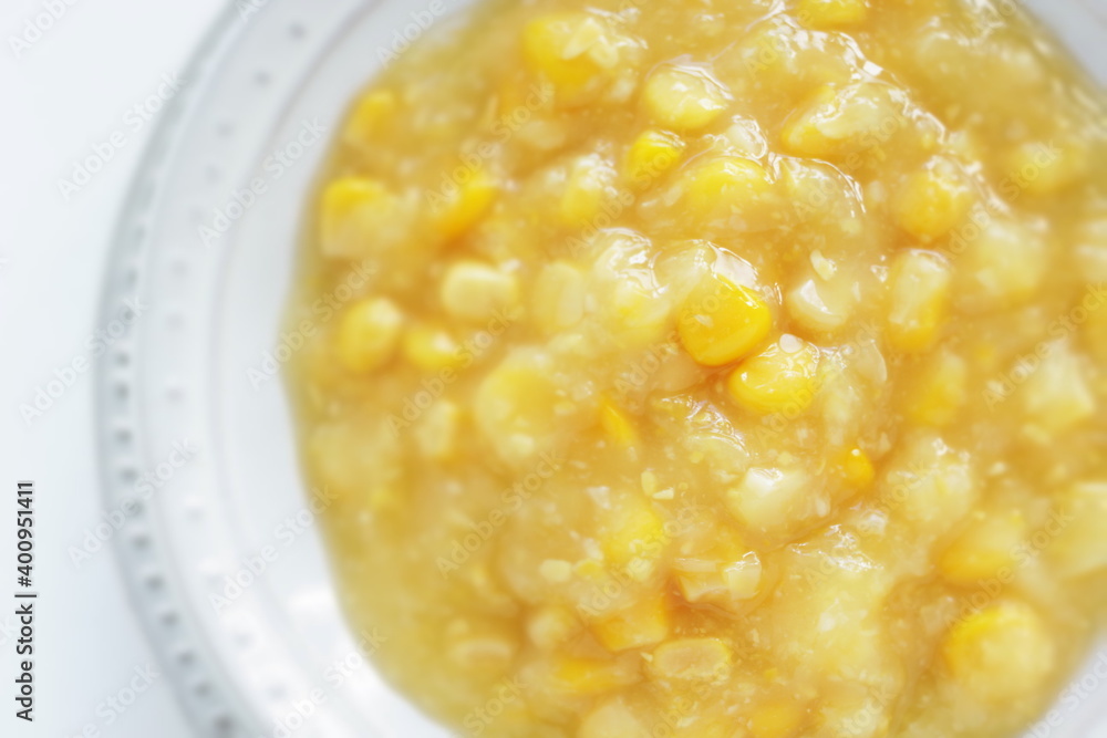 Prepared cream corn in bowl for cooking ingredient Prepared cream corn in bowl for cooking ingredient