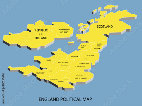 England political isometric map divide by state colorful outline simplicity style. Vector illustration.