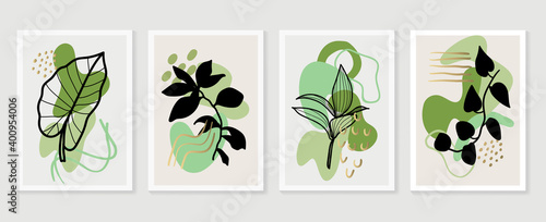 Botanical and gold abstract wall arts vector collection.  Golden and luxury pattern design with leaves line arts, Hand draw Organic shape design for wall framed prints, canvas prints, poster, home dec