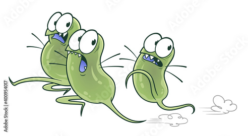 Bacteria running away.  Escaping scared cartoon three bacteria. Cartoon bacteria series. 